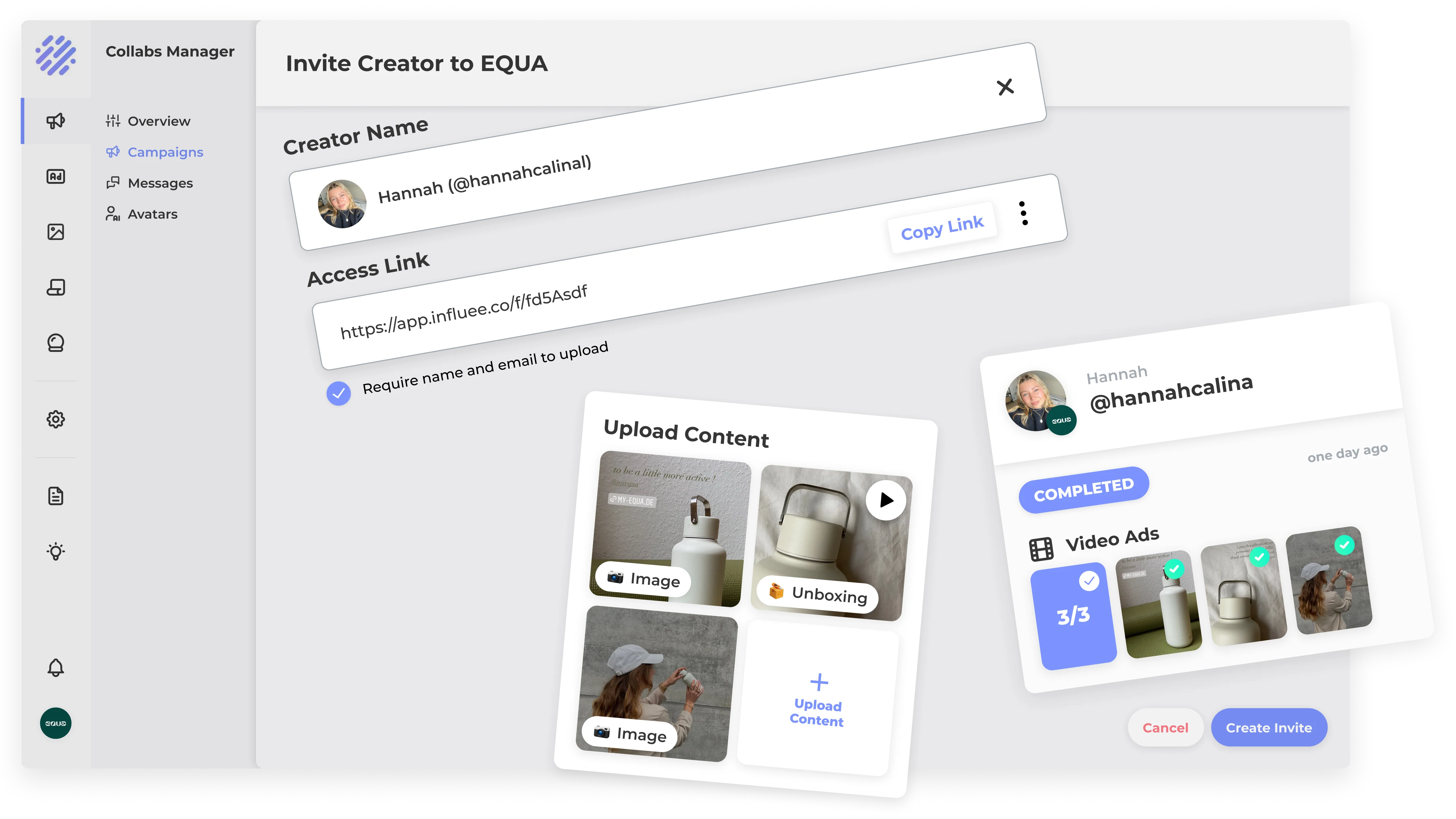 A visual showing UI elements from the creator invitation process