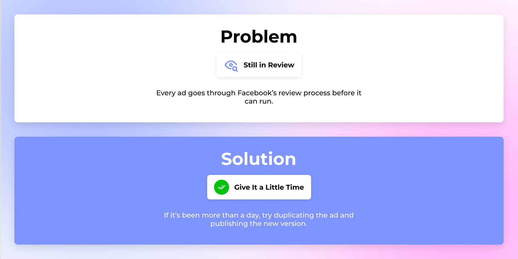 Still in Review -  And as long as your ad’s under review, you won’t spend anything.